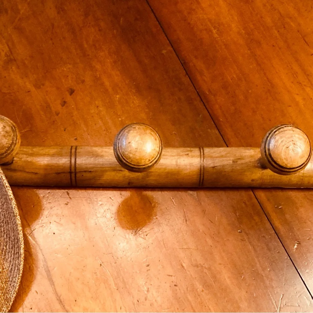 Antique French elm wood large,faux bamboo hat rack in tan with black accents